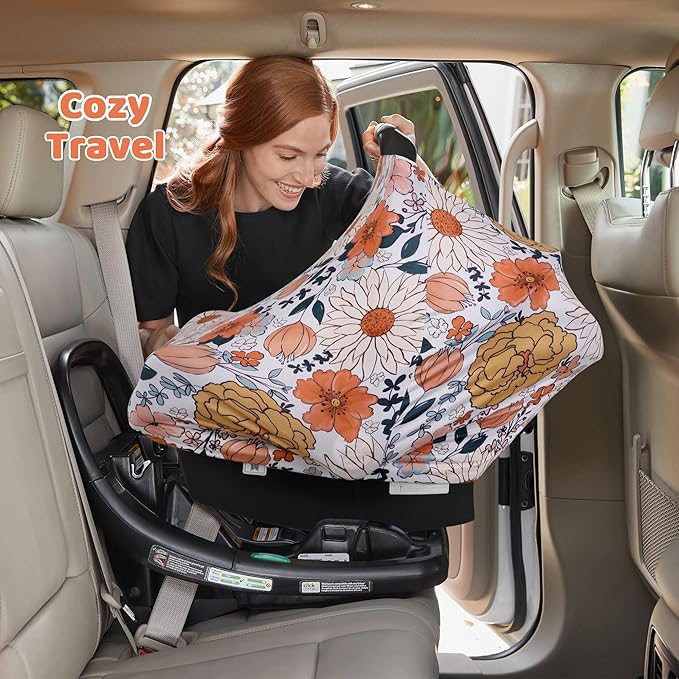 Rquite All-in-1 Car Seat Cover Baby, Carseat Covers for Girl Boy, Stretchy Soft Infant Car Seat Cover, Multi-use Baby Carrier Cover, Car Seat Canopy, Stroller Sun Shade, Nursing Breastfeeding Cover