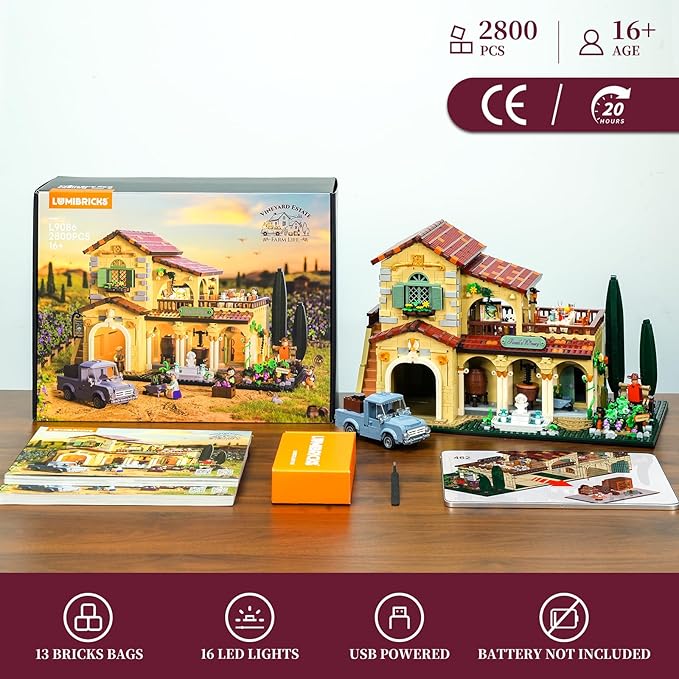 Farm Vineyard-Estate Lighting Building-Bricks-Set - 2800 Pcs Winery Chateau House Collection LED Light Wine Cottage Model Display Set for Adults and Farm Series Building Collectors