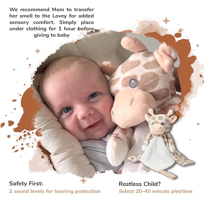 Love By Emi Baby Music Lovey Beige & White Giraffe, Baby Sleep Soother for Crib & Cuddle Bedtime, White Noise with Heartbeat & Lullaby, Plush Sound Toy, Stuffed Animal for Newborns, Infants & Toddlers