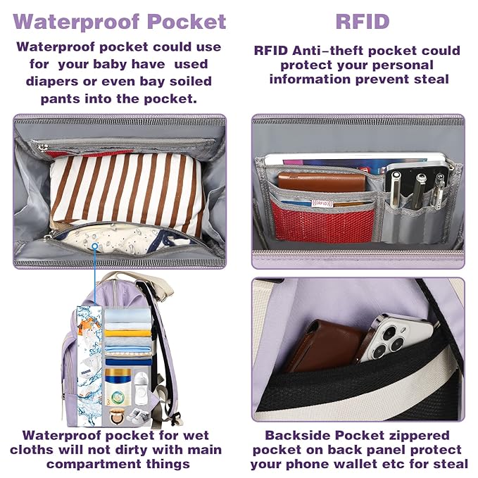 Jiefeike Diaper Bag Backpack,Purple Travel Backpack for Dad Mom Boys Girls,Insulated Pockets Portable Baby Nappy Bags with USB Charging Port,RFID Anti-Theft Water-Resistant Pocket Stroller Straps