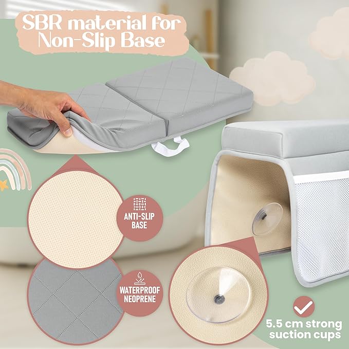 Bornealand® 2" Extra Thick Baby Bath Kneeler and Elbow Rest Pad Set + Hooded Towel - Embroidered Kneeling Pad for Bathing Baby - Dual-Layer Memory Foam Bathtub Kneeler and Elbow Rest Set