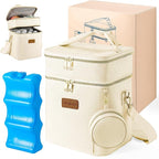 Breastmilk Cooler Bag with Ice Pack & Pacifier Case, Large Double Layer Insulated Baby Bottle Cooler Fits 6 Bottles, Breast Pump Storage Bag for Working Nursing Moms, with Gift Box