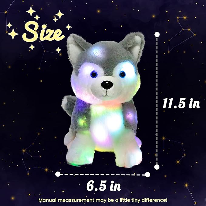 Hopearl LED Plush Husky Lighting Up Stuffed Animal Dog Floppy Puppy Night Lights Glow in The Dark Birthday Festival for Kids Toddlers Boys Girls, Gray, 12''