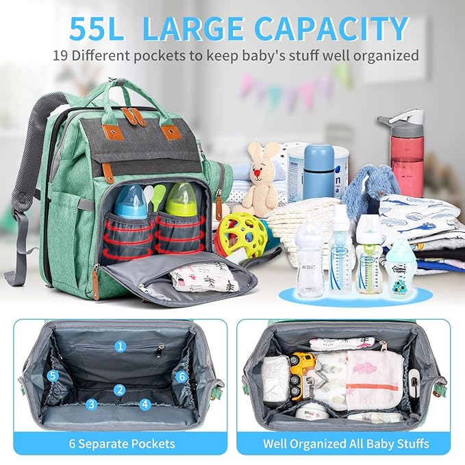 KABAQOO Diaper Bag Backpack with Detachable Changing Station, Large Capacity Baby Diaper Bags for Boys & Girls, Baby Registry Search Stuff & Shower Gifts, Newborn Essentials Must Haves, Green Grey