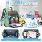 KABAQOO Diaper Bag Backpack with Detachable Changing Station, Large Capacity Baby Diaper Bags for Boys & Girls, Baby Registry Search Stuff & Shower Gifts, Newborn Essentials Must Haves, Green Grey