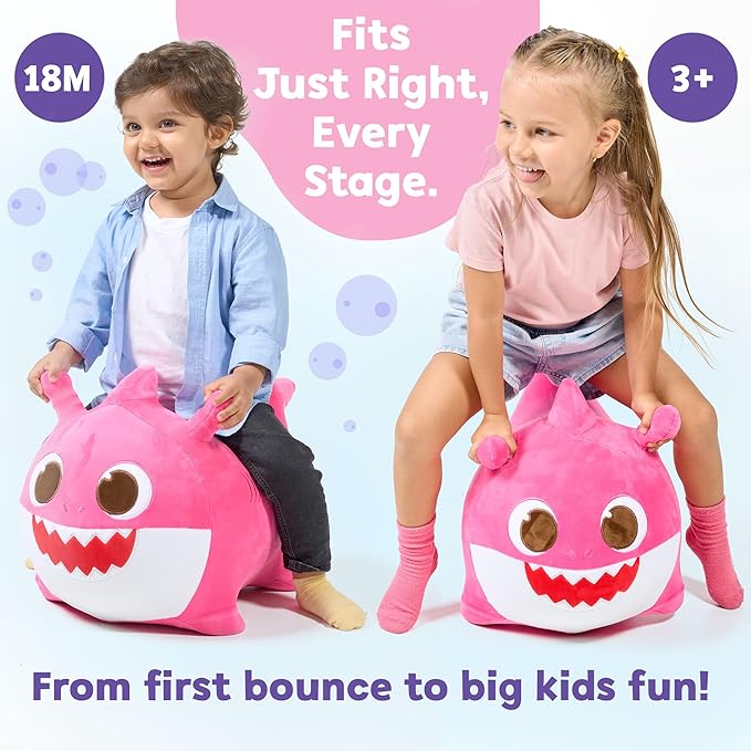 JITTERYGIT Baby Shark Bouncy Hopper - Musical Plush Toy for Kids and Toddlers - Mommy Shark (Pink)
