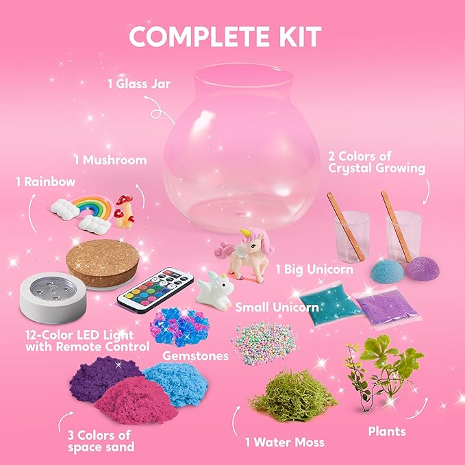 Klever Kits Make Your Own Unicorn Crystal Terrarium Crafts Kit for Kids-Crystal Growing Science 12 Color LED Night Light Unicorn Birthday Gifts Toys for Girls