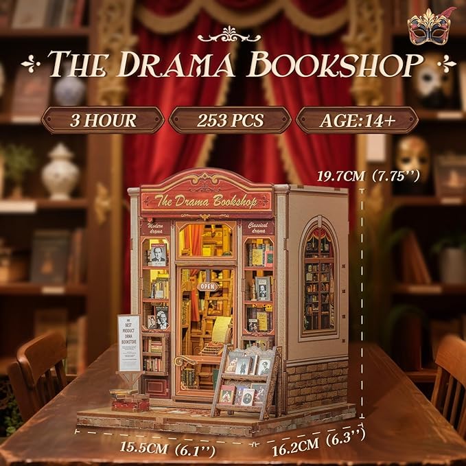 CUTEBEE Book Nook Kit - DIY Miniature House Dollhouse Kit for Adults and Teens, Booknook Tiny House Bookshelf Decor 3D Wooden Puzzle, Gifts for Family Friends (Drama Bookshop)