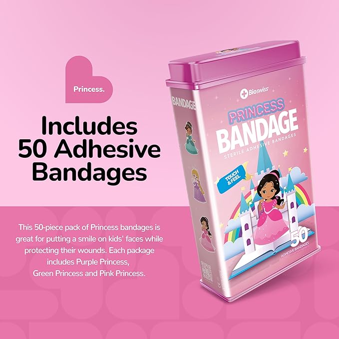 BioSwiss Bandages, Princess Shaped Self Adhesive Bandage, Latex Free Sterile Wound Care, Fun First Aid Kit Supplies for Kids, 50 Count