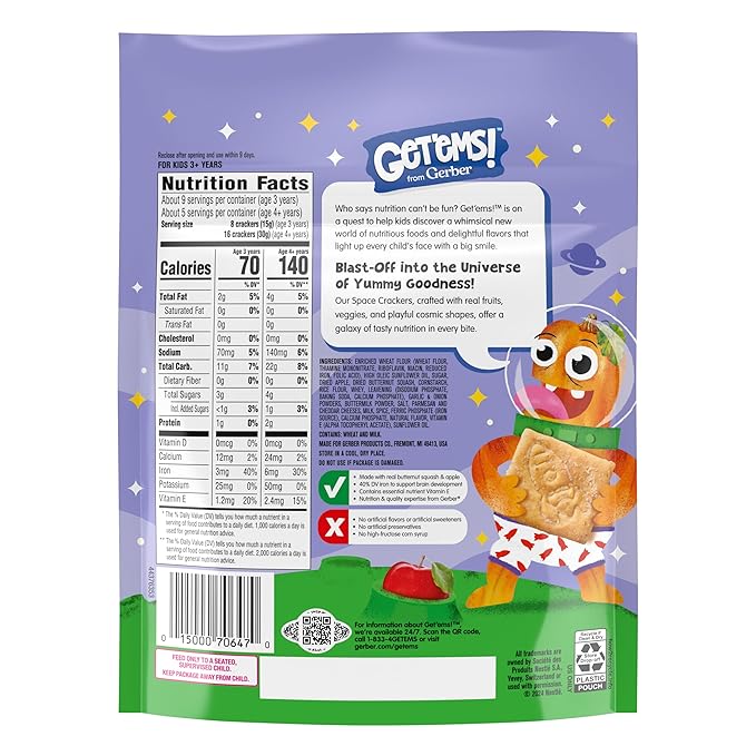 Get'ems! from Gerber, Snacks for Kids, Parmesan Space Crackers, Made with Real Veggies & Fruits, Iron & Vitamin E - 4 pack