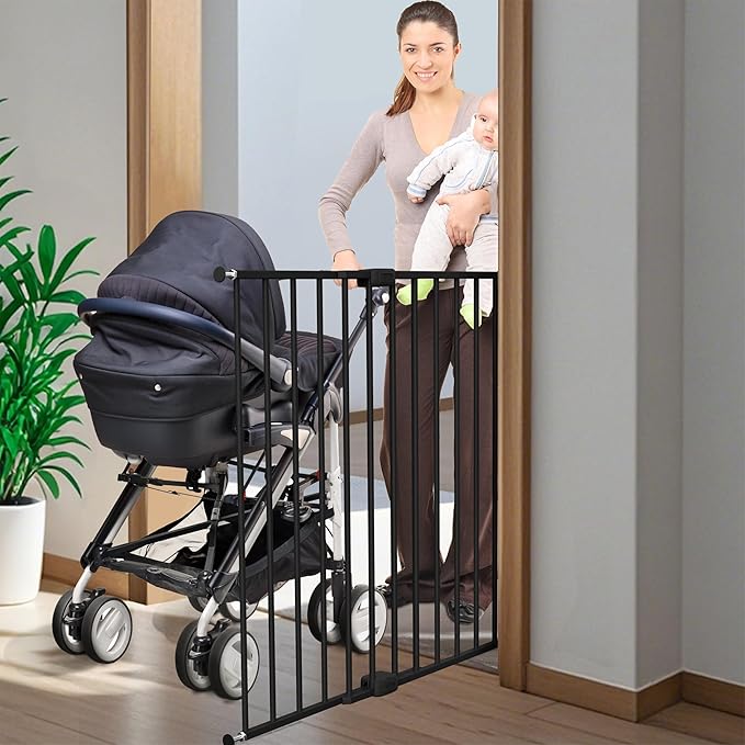 Adjustable Baby Safety Swing Gate, Hardware-Mounted Metal Gate for Stairs and Doorways, Secure Latch for Kids and Pets (Black, 24"-40.5" W x 28.75" H)