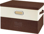 Large Linen Fabric Foldable Storage Bins with Removable Lid and Handles, Washable Storage Box Organizer Containers Baskets Cube with Cover for Bedroom,Closet,Office (Coffee&Cream, Medium)