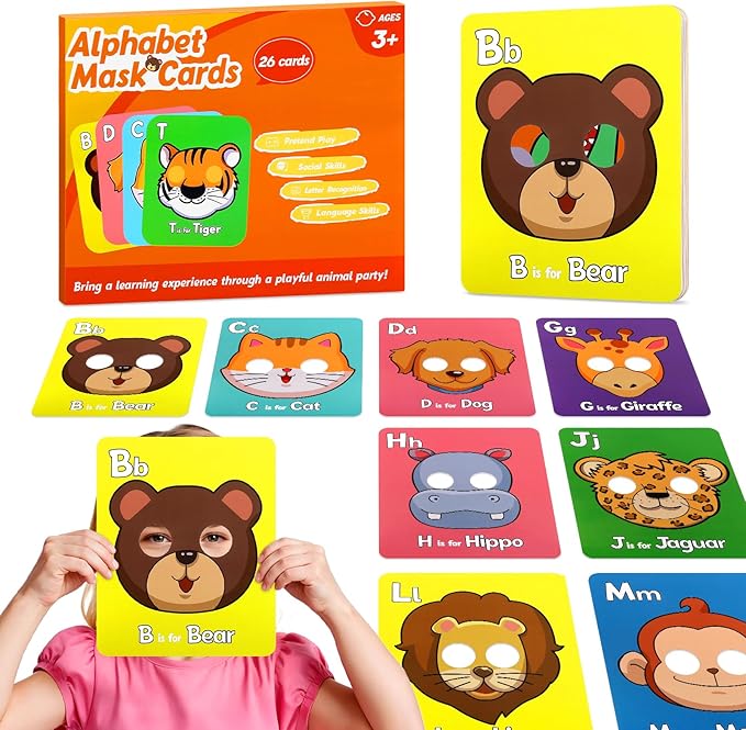 26 PCS Alphabet Mask Cards, Colorful Alphabet ABC Flash Cards with Animal Mask, Giant Letter ABC Animal Faces Flash Learning Flashcards