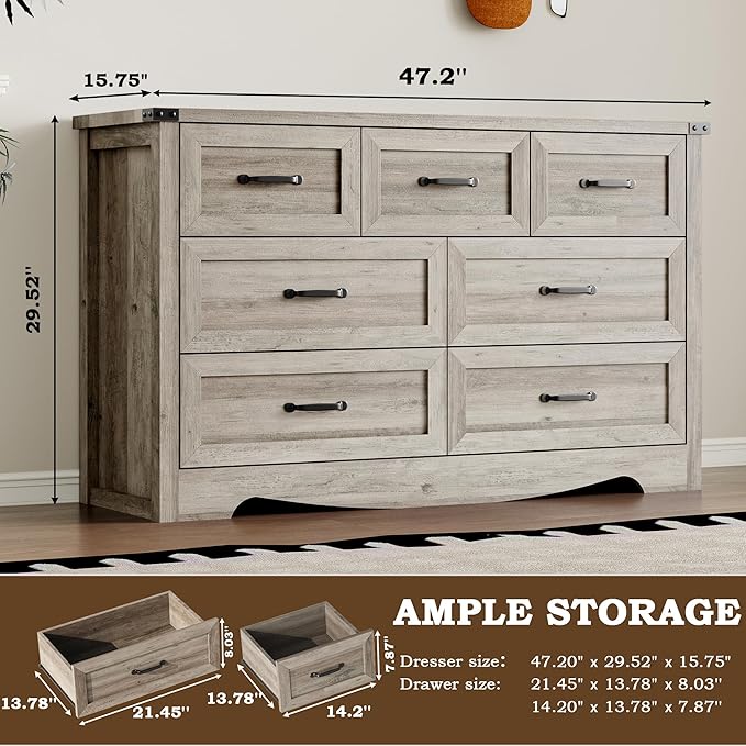 7-Drawer Dresser for Bedroom, Modern Wooden Chest of Drawers with Metal Handles, Anti-Tipping Design, Sturdy and Stable Storage Organizer for Living Room, Entryway, Home Office
