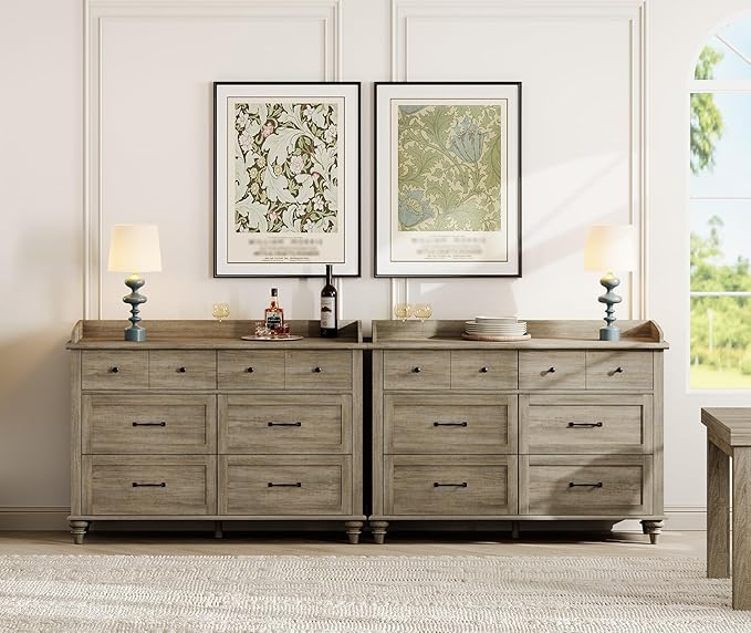 WAMPAT Set of 2 Kids Dresser with 12 Drawers, 2-in-1 Baby Dresser for Bedroom & Kids Room, Rustic Chests & Dressers Wooden Closet Organizer for Children's Bedroom, Grey