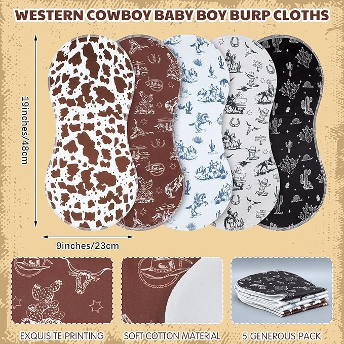 5 Pack Vintage Western Baby Burp Cloths Soft Absorbent Burping Rags for Newborns 19"x9" Spit up Cloths for Boy Girl Newborn Baby Shower Registry Gifts Set Nursery Decor