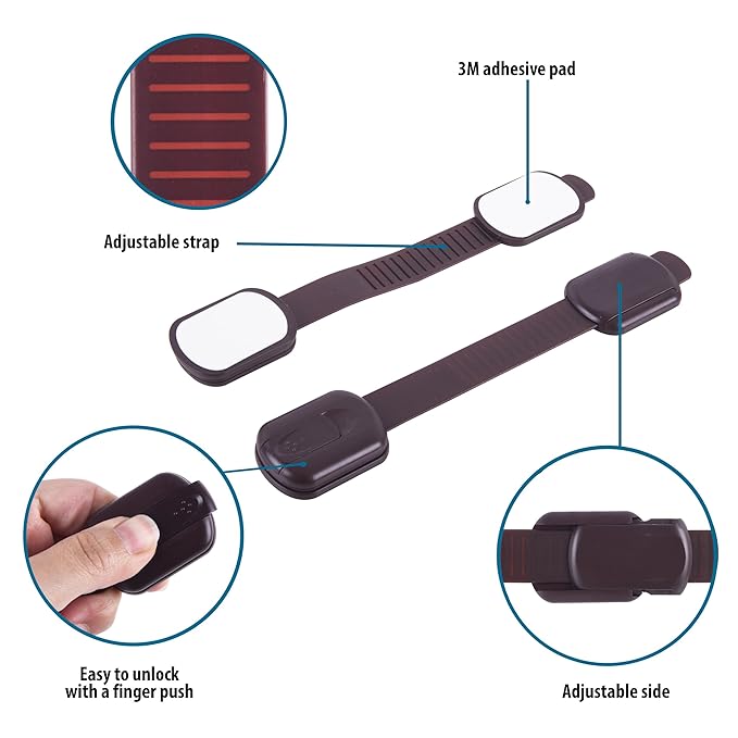 Child Safety Cabinet Locks (2 Pack) – Adjustable Baby Proofing Strap Latches with Strong 3M Adhesive – No Drill Childproof Locks for Drawers, Cabinets, Fridge, Door, Closet, Brown