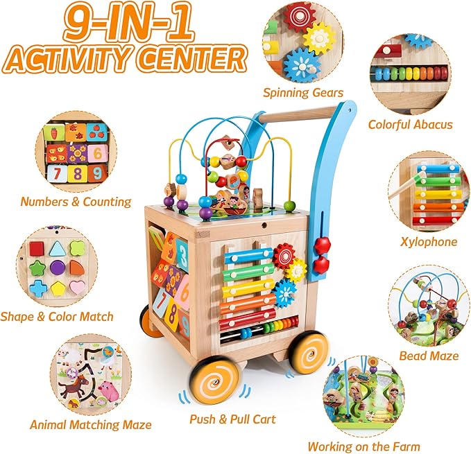 Wooden Baby Walker | Baby Push Walker with 9-in-1 Activity Cube, Sit to Stand Learning Walker Toy with Wheels for Boys Girls, Montessori Activity Center Walker, Adjustable Speed & Height
