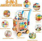Wooden Baby Walker | Baby Push Walker with 9-in-1 Activity Cube, Sit to Stand Learning Walker Toy with Wheels for Boys Girls, Montessori Activity Center Walker, Adjustable Speed & Height