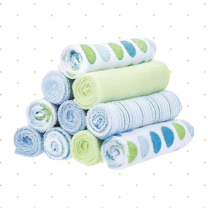 Spasilk Washcloth Wipes Set For Newborn Boys And Girls, Soft Terry Washcloth Set-Pack Of 20, Blue Dot