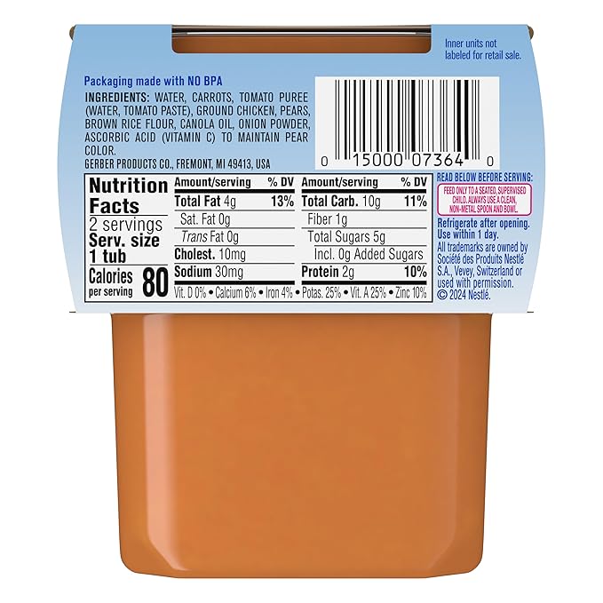 Gerber Baby Food 2nd Foods, Dinner, Chicken & Rice Puree, 4 Ounce Tubs, 2 Count (Pack of 8)