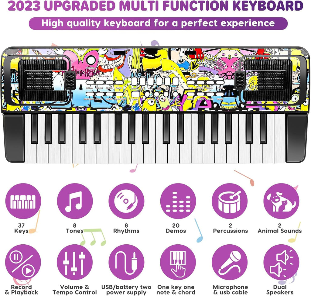Kids Keyboard Piano, 37 Keys Keyboard Electric Digital Piano, Early Learning Educational Musical Toys Piano for Kids Toddlers Beginners with Music Stand, Microphone - Christmas Birthday Gifts, Black