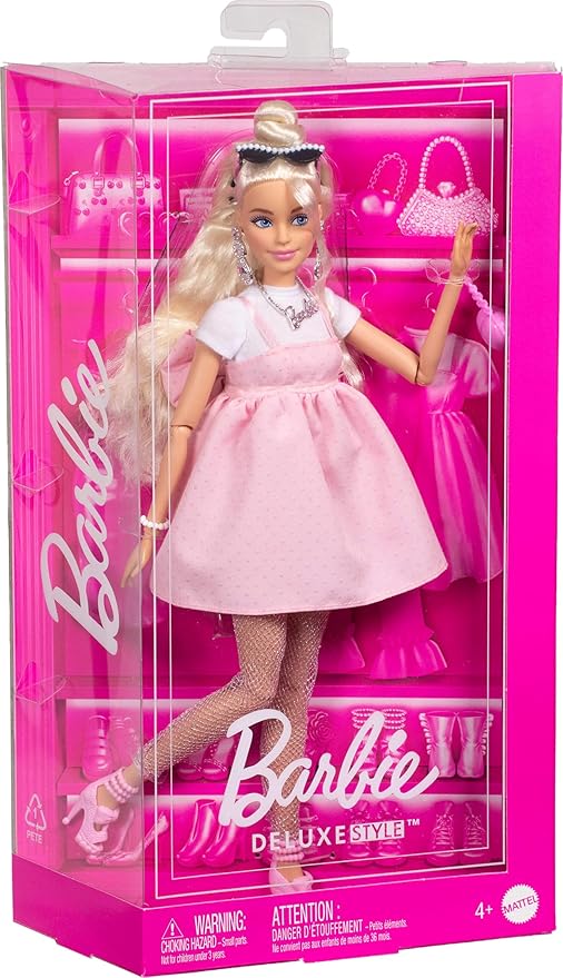 Barbie Deluxe Style Doll #3 in Barbiecore Outfit, Blond Hair in Top Knot, Pink Pastel Dress with Oversized Bow and Accessories Like Mesh Tights