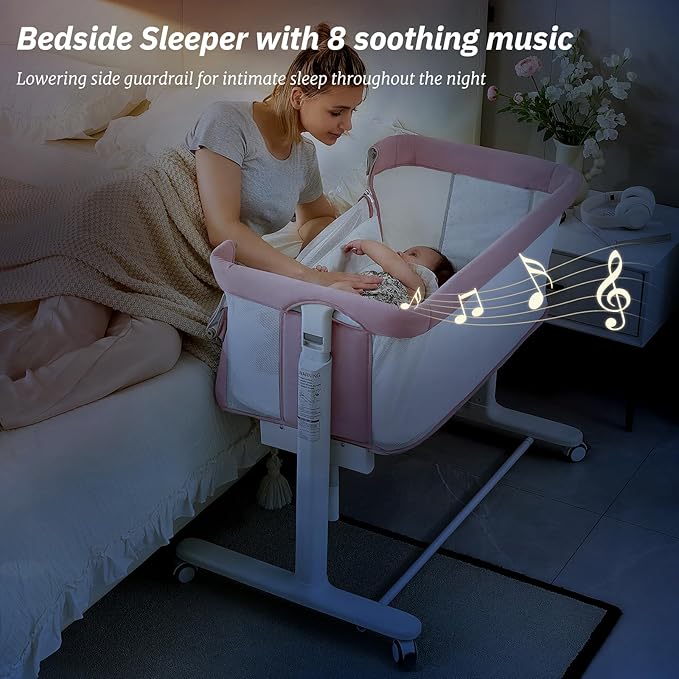 Electric Bassinet for Baby, 3 Speeds Automatic Rocking Bassinets with All mesh, 5 Height Adjustment Bedside Crib for Nweborn, 8 Music, Wheels, Pink