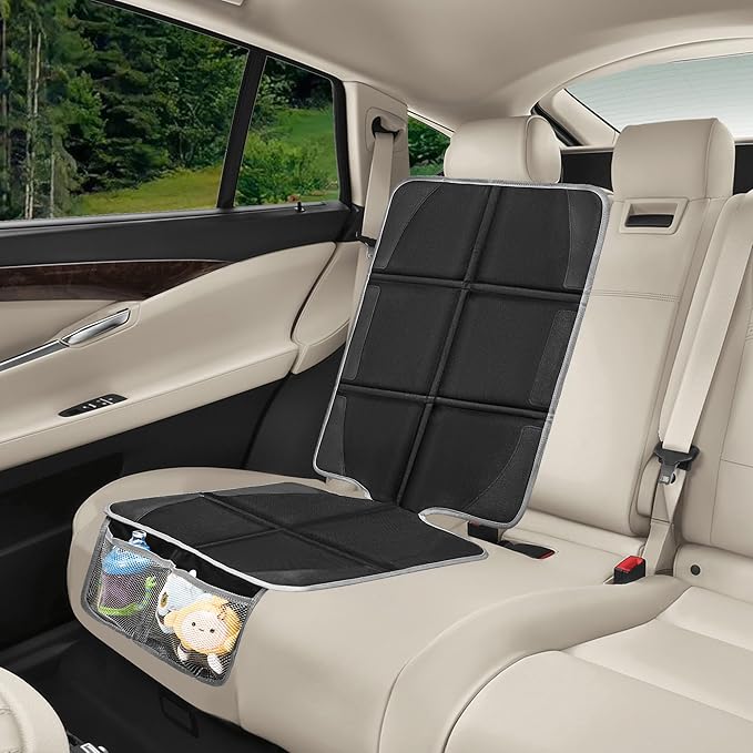 Car Seat Protector 2 Pack Baby Car Seat Covers with Mesh Pockets & Non-Slip Backing 600D Durable Seat Protector Under Baby Car Seat (Black & Gray, Large)