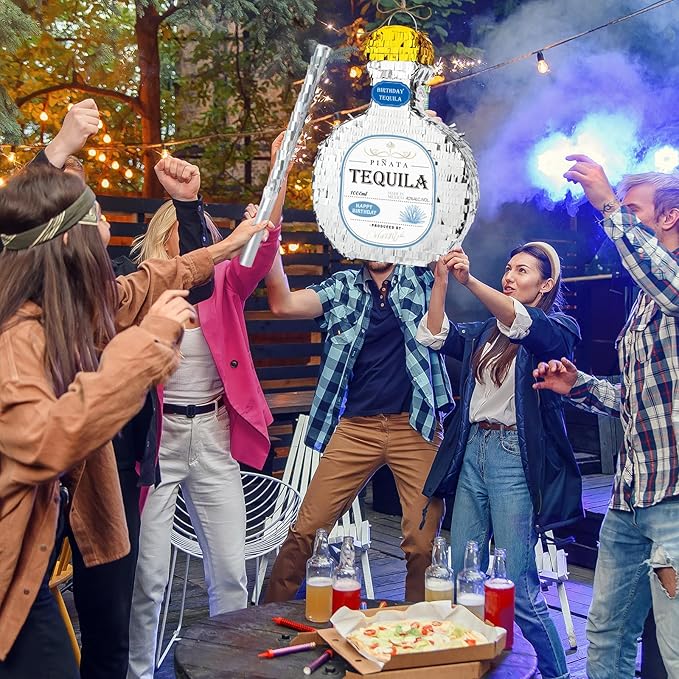 WERNNSAI Tequila Bottle Pinata - Disco Party Decorations for Adults Silver Patron Tequila Pinata with Blindfold for Bachelor Birthday Party Supplies 11.7” x 16.5”