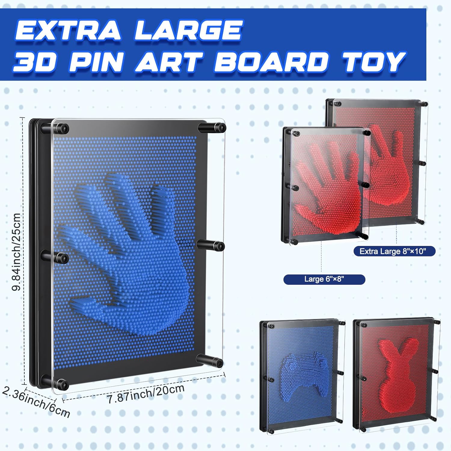 2 Pack Extra Large 3D Pin Art Board Toy 10 x 8 Inch Plastic Pin Art Board Sensory Toy Stress Relief Fidget Toy for Boys Girls Adult Creative Fidgets Christmas Birthday Gifts, (Red and Blue)