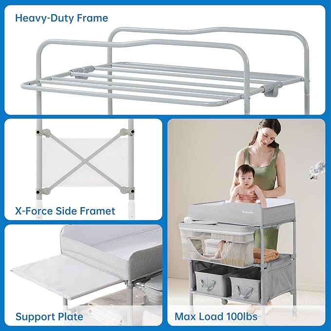 Sweeby Portable Baby Changing Table, Foldable Changing Table Dresser Changing Station for Infant, Waterproof Diaper Changing Table Pad Topper, Mobile Nursery Organizer for Newborn Essentials,LightGrey