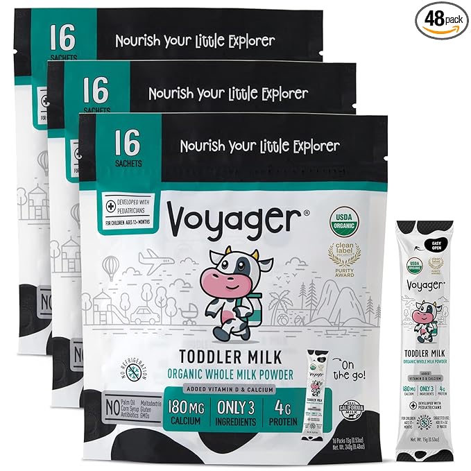 Voyager Toddler Milk On The Go, USDA Organic Shelf Stable Whole Milk Powder, Great for Travel, No Refrigeration, Gluten Free with No GMO's and No Antibiotics for Kids, 48 Sachets of 15g - 3 Pack