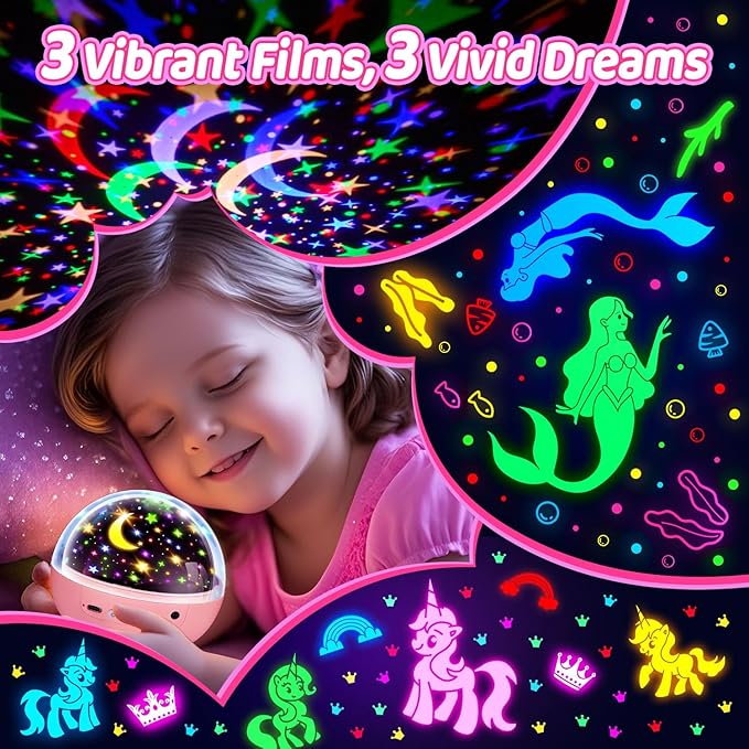 Unicorn Night Light for Girls, Unicorn Room Decor for Girls Bedroom, Star Projector, Remote+Dimmable Little Mermaid Toys, 360° Silent Rotation, Princess Night Light