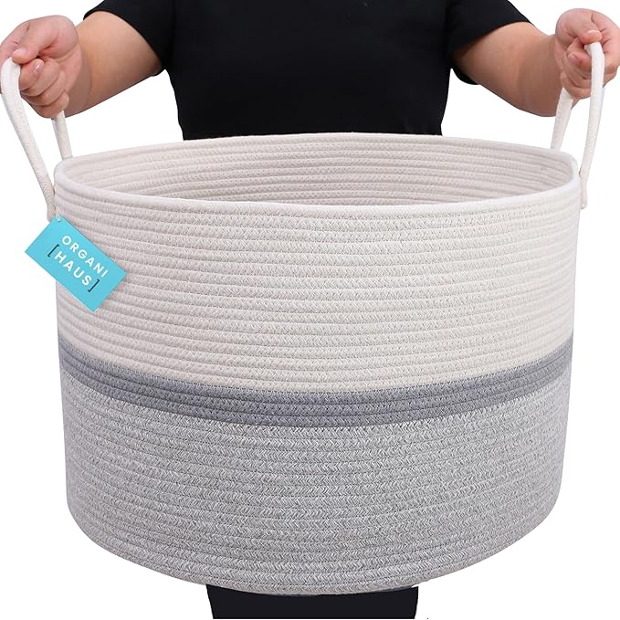 OrganiHaus Extra Large Blanket Basket for Living Room 20x13, Natural Cotton Rope Laundry Basket, Sturdy Hamper for Toy Storage, Cushions & Pillows Storage Bin, Nursery Decor Hamper - White/Gray