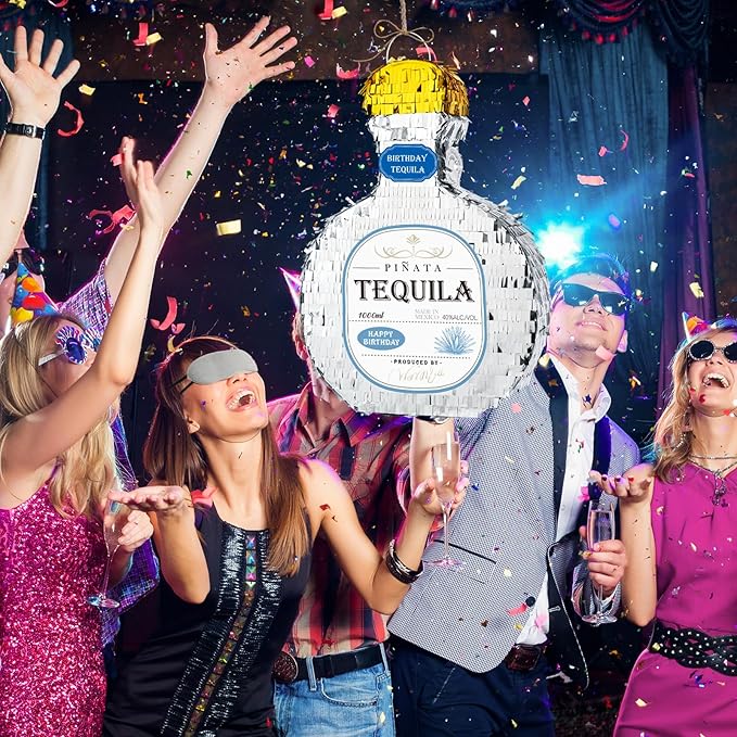 WERNNSAI Tequila Bottle Pinata - Disco Party Decorations for Adults Silver Patron Tequila Pinata with Blindfold for Bachelor Birthday Party Supplies 11.7” x 16.5”