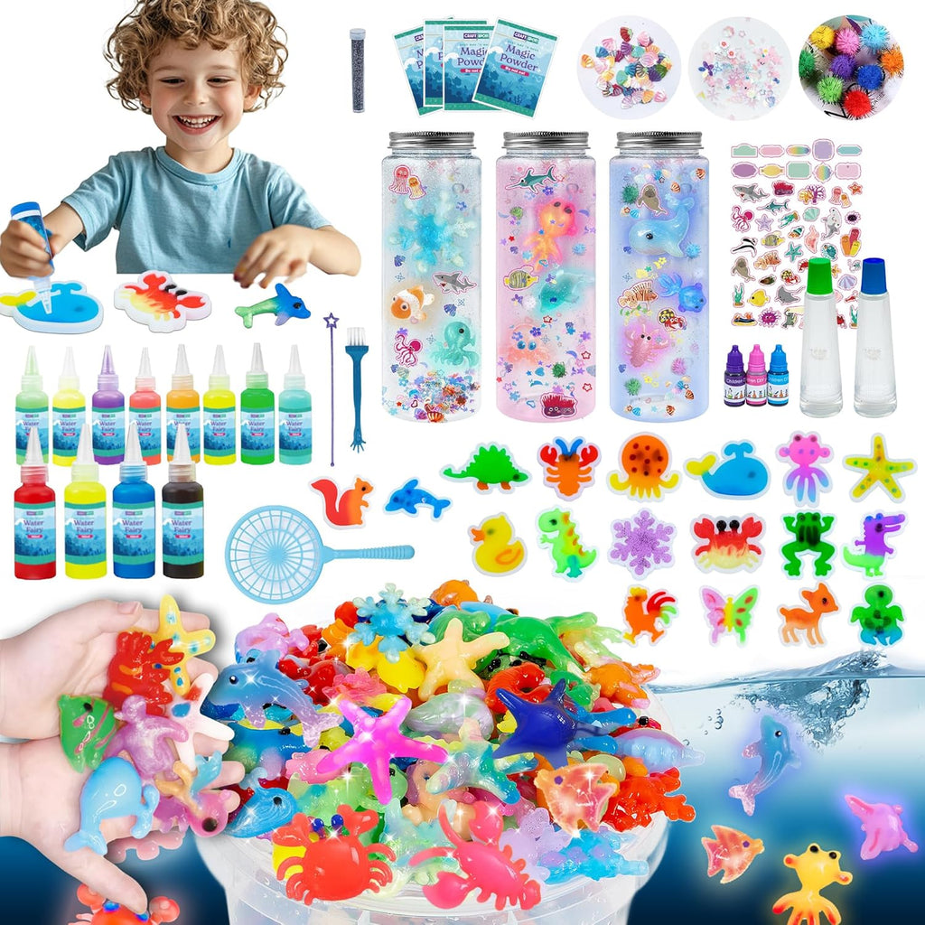 Make 3 Sensory Bottle, Glow-in-The-Dark Magic Gel Water Fairy Toy, DIY 100+ Aqua Water Squishy kit with 18 Shape Molds, 100ml Gels, 5L Bucket, Shell, Glitter, Pom-Poms, Arts Crafts for Kids