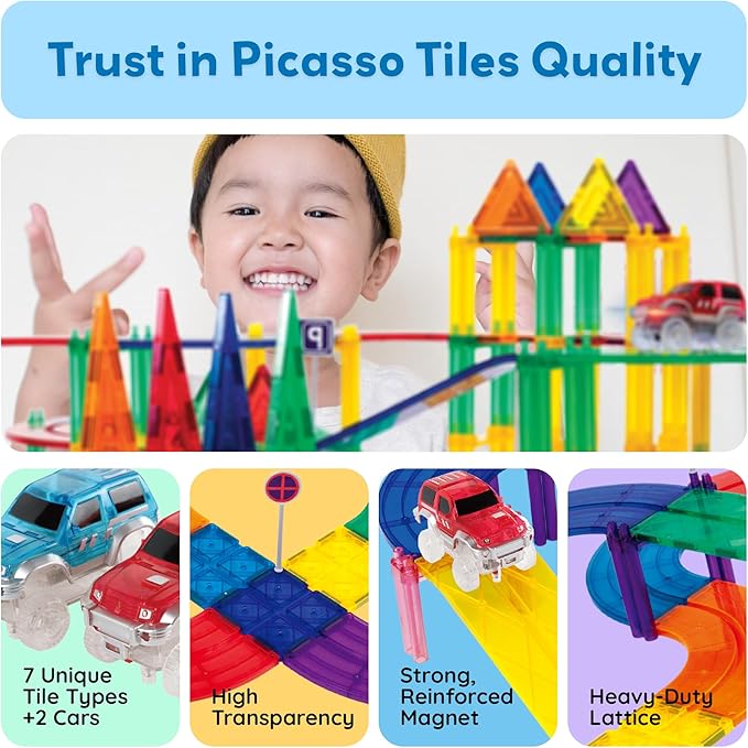 PicassoTiles 100pc Magnetic Tiles Race Track Building Set with LED Cars Adjustable Roads and Signs STEM Construction Toy Kit for Kids Educational Learning Toy for Boys and Girls Ages 3 and Up PTR100
