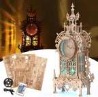 3D Wood Puzzle LED Tower Clock, 3D Puzzle Building Desktop Clock Model DIY Architectural Building Blocks (LED-TC01 Wood)