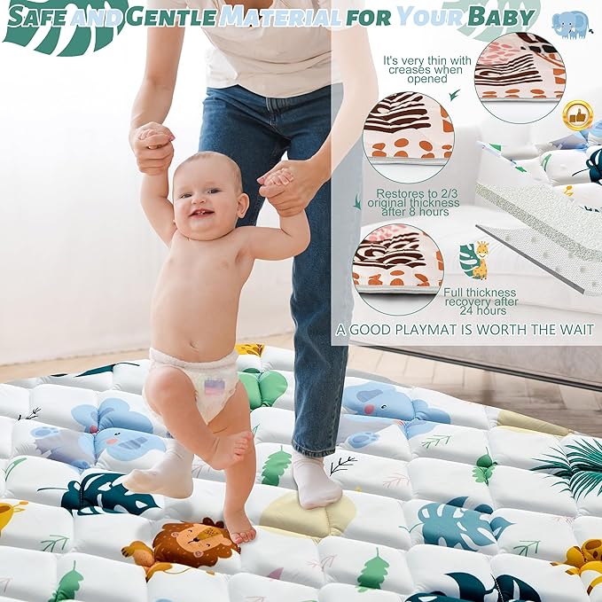 Baby Play Mats for Floor, 50x50 Playpen Mat for Babies, Extra Thicker & Soft Floor Crawling Mat, Foldable Non-Slip Playmat Cushioned for Infants Toddlers, Cute Animal Design