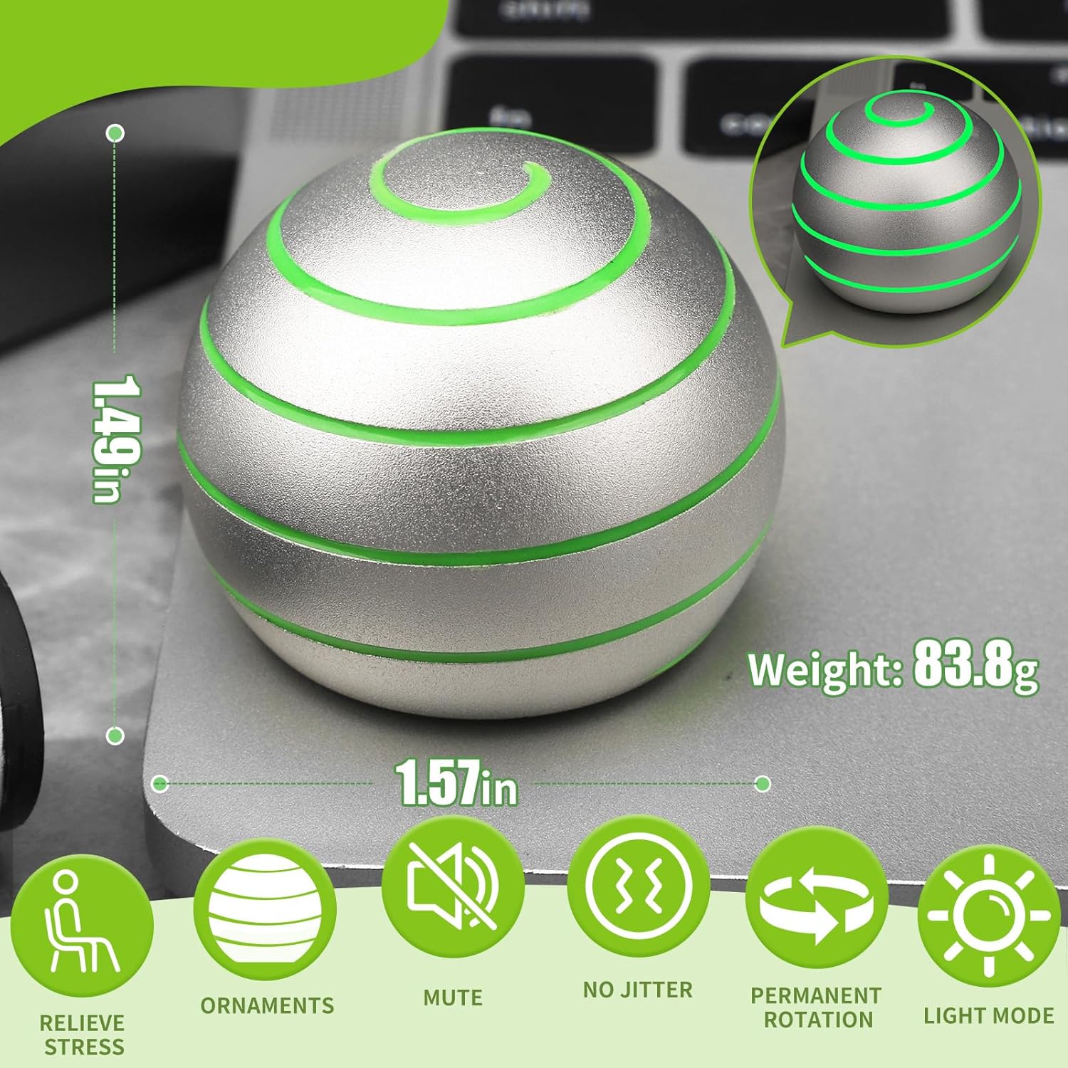 Kinetic Desk Spinning Toy, Full Body Optical Illusion Fidget Spinner Toy, Kinetic Desktop Toy Stress Ball Gift for Father Mother Kid, Cool Metal Gadget for Office Desk (1.5INCH, Sliver)