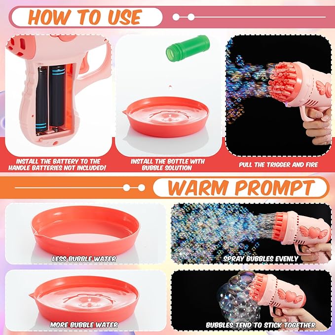 ShinyRelief 4 Pack Wedding Bubble Guns 32 Holes with Light, 4 Bottles Solution, Romantic Bubble Maker for Outdoor Ceremony, Wedding Party Favors, Photo Props, Reception Entertainment(Green and Pink)