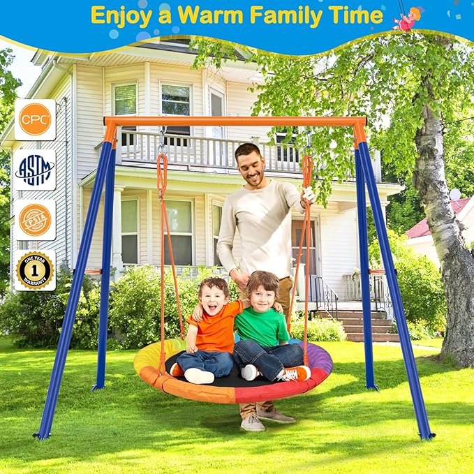 GIKPAL Saucer Swing with Stand for Kids Outdoor, 440lbs Swing Set with Heavy-Duty Metal Frame and Adjustable Ropes, Safe Waterproof Round Playset for Backyard Playground Park, Rainbow Color