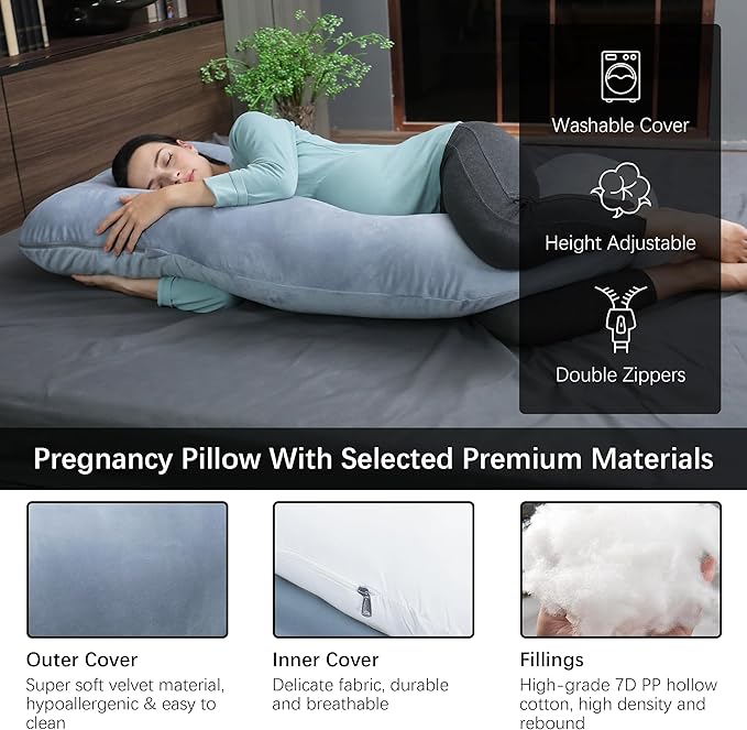MOON PARK Pregnancy Pillows for Sleeping - Non Compressed Packaging, U Shaped Full Body Maternity Pillow with Removable Cover - Support for Back, Legs, Belly, HIPS - 57 Inch - Grey