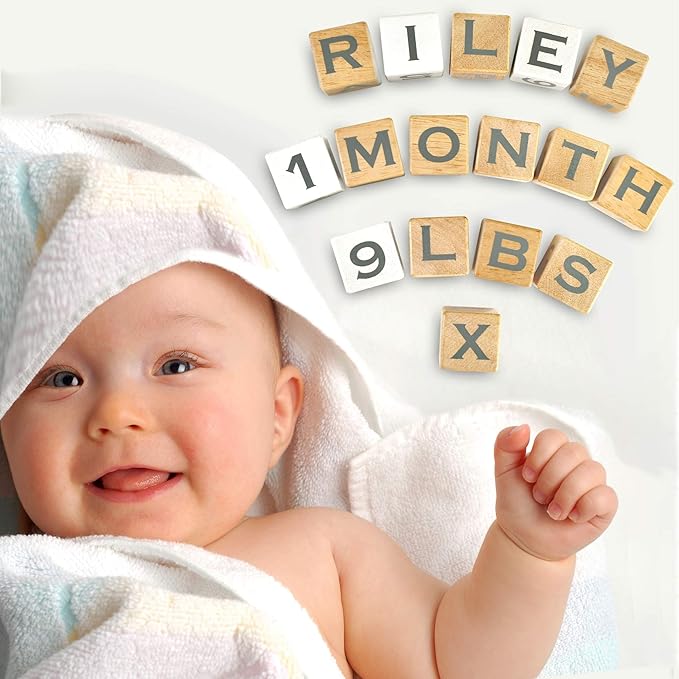 I'm Solid Wood Baby ABC Alphabet Milestone Age Blocks, Personalized Own Name, Gender Neutral, Newborn Gifts & Keepsakes for Picture Props (1.4" / 16 Pcs/Grey)