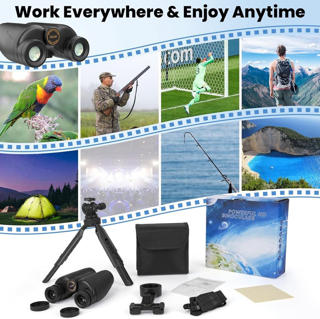 25x30 Professional Large Eyepiece Binoculars for Adults - Complete Kit with Phone Adapter, Tripod Adapter, Waterproof and Compact for Outdoor Adventures
