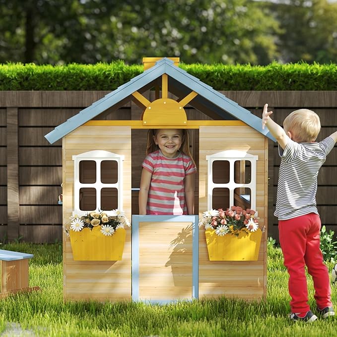 Outsunny Wooden Playhouse for Kids Outdoor Garden Pretend Play Games, Adventures Cottage, with Working Door, Windows, Bench, Service Station, Flowers Pot Holder, for 3-7 Years Old, Blue