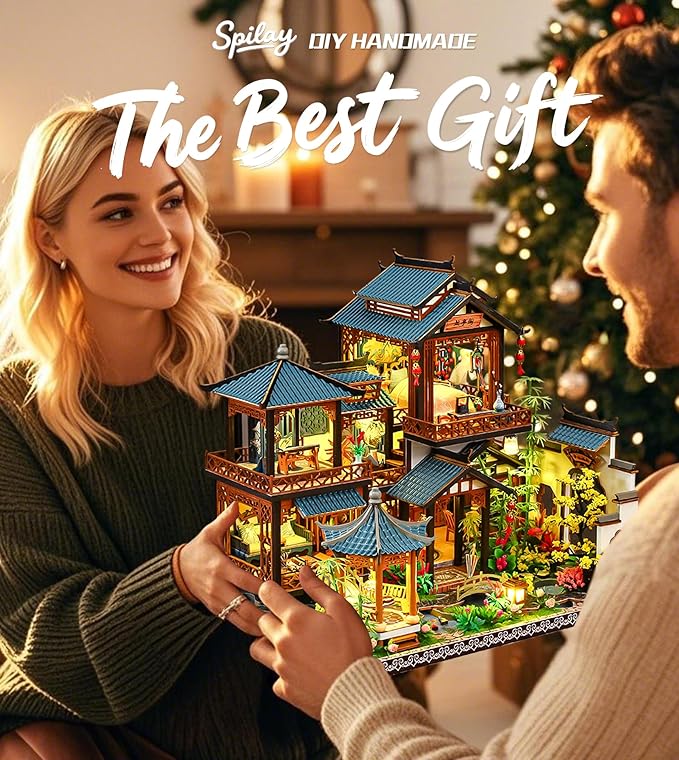 Spilay DIY Miniature Dollhouse Kit,DIY Dollhouse Kit with Wooden Furniture,Dust Proof Cover, Music Box and LED,Handmade Crafts Gifts for Birthday Christmas and Valentine's Day（P019）