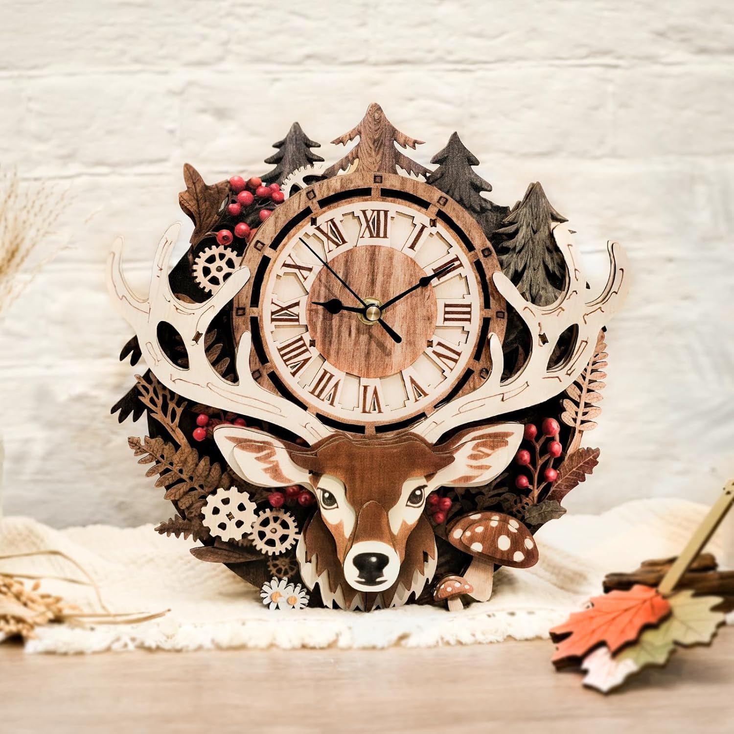 3D Puzzles for Adults Clock-Reindeer Design Model Kit-Mechanical DIY Pendulum Clock with Roman Numerals-Desk Home Office Decor Personalized Gift for DIY Lovers
