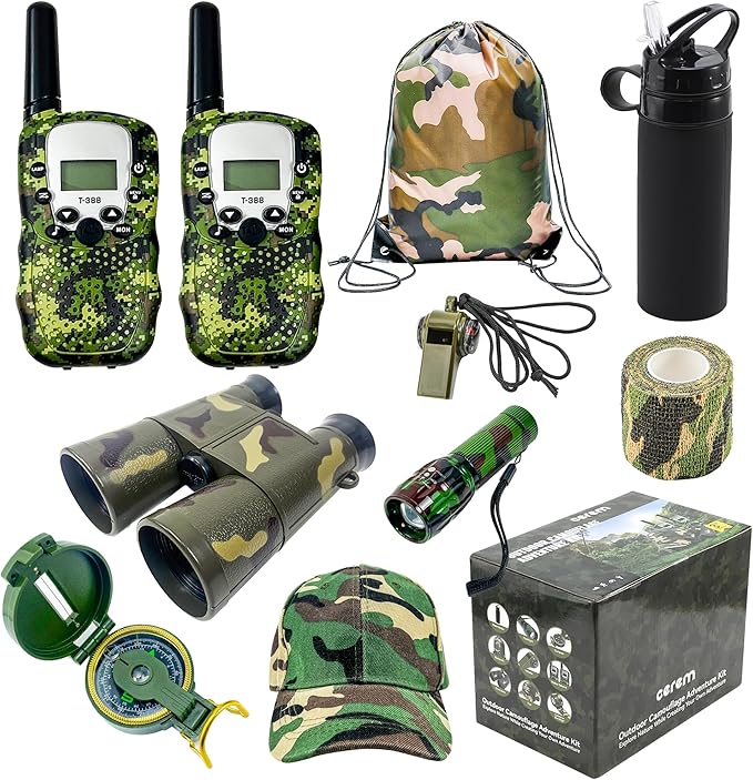 Outdoor Adventure Kit for Kids – Premium Camouflage Camping Gear with Walkie-Talkies – Military Style Toys – 10 in 1 Bundle – Ideal for All Ages and Genders (Junior Ranger)
